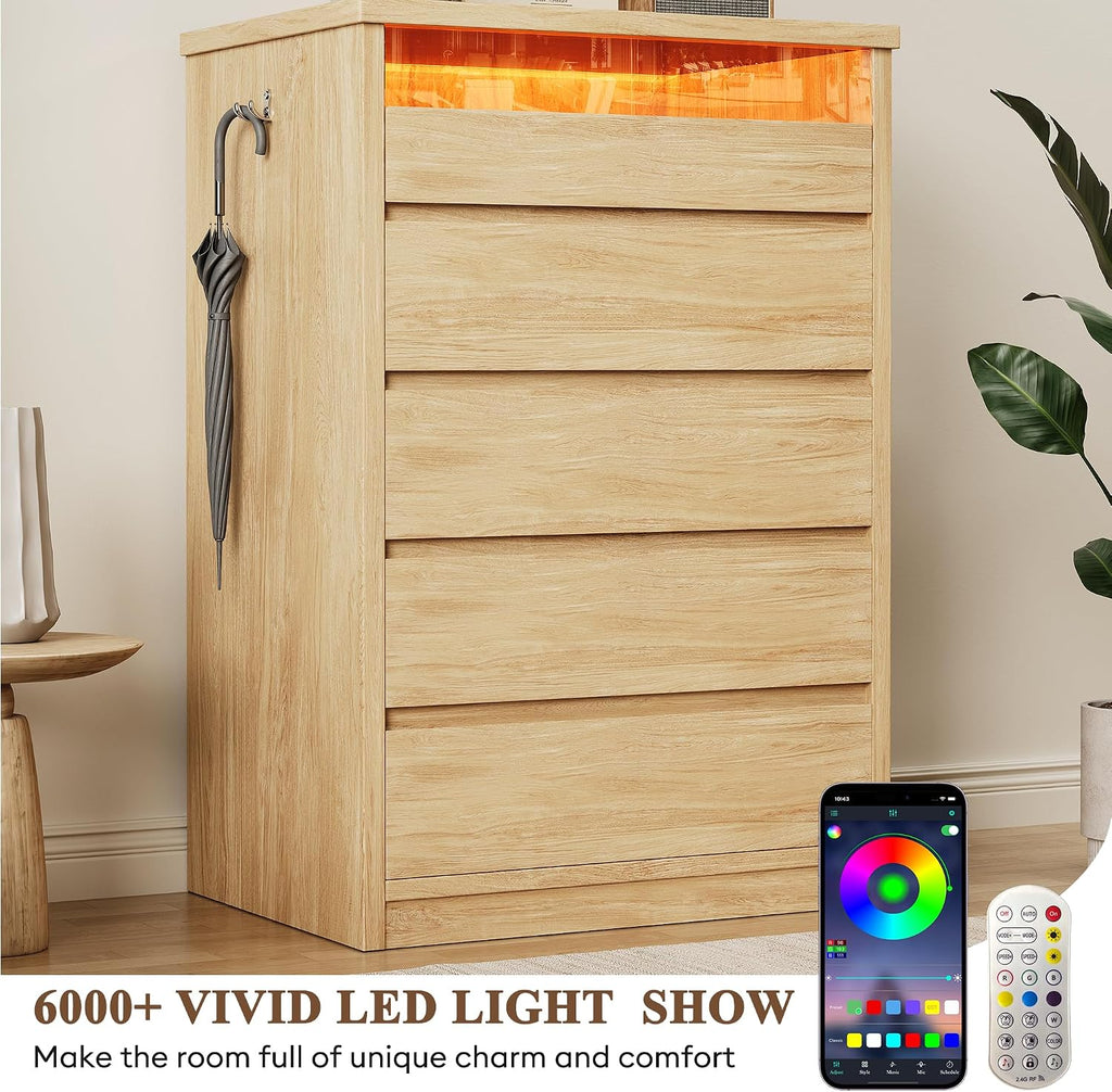 5 Drawer Dresser with LED Light, Modern Chest of Drawers with Hidden Handles, Tall Wooden Dresser Closet - Oak