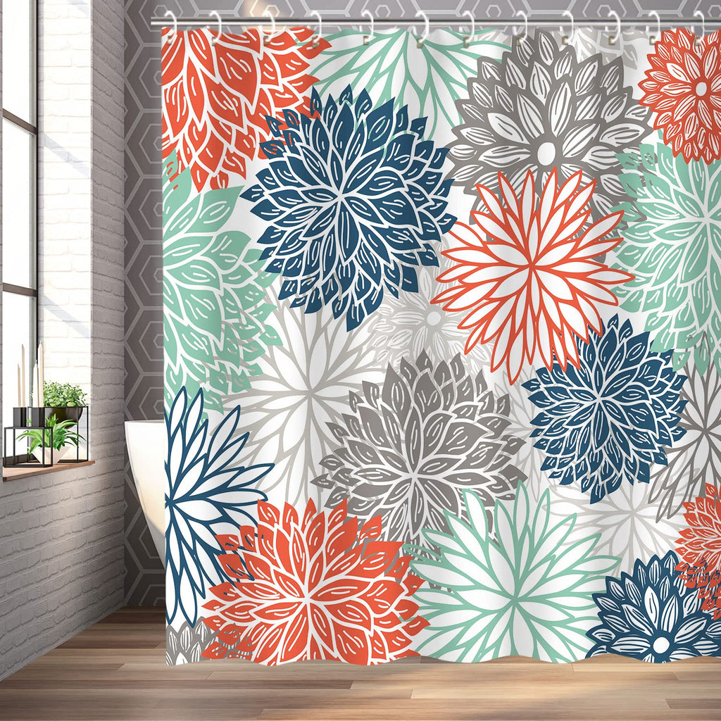 Floral Shower Curtain Dahlia Shower Curtains Set with 12 Hooks Flower Shower Curtains Teal and Gray Blue Green Shower
