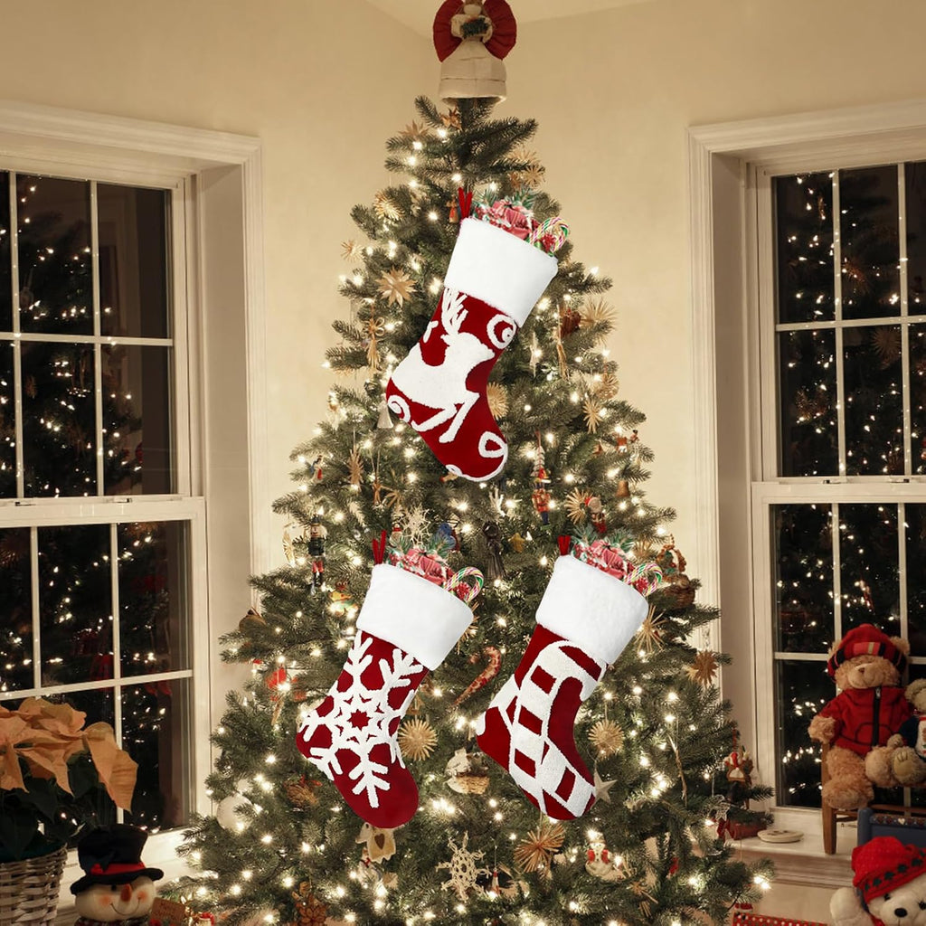 Christmas Stocking Set of 3, 18 Inch Red Christmas Stockings Embroidered Elk Snowflakes Sleigh White Plush Faux Fur