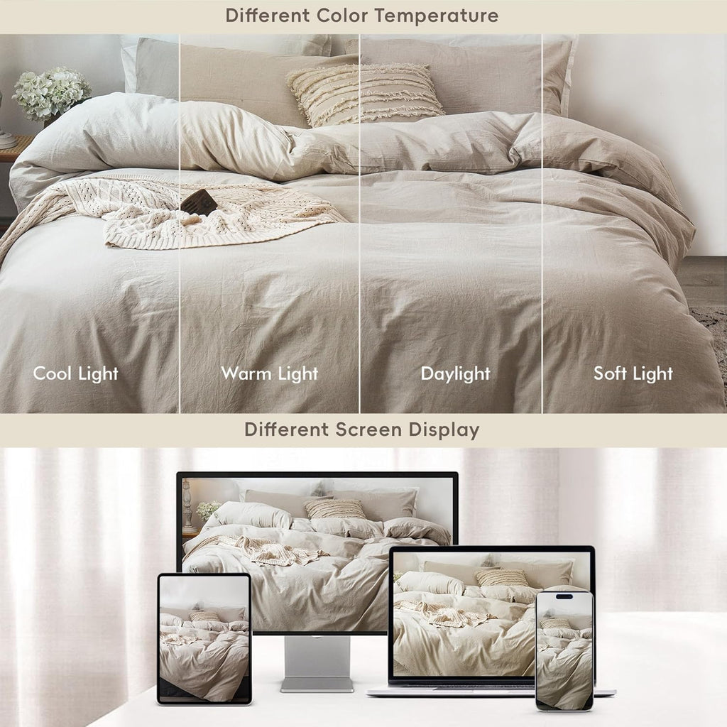Bedding Duvet Cover Set 100% Washed Cotton Linen Like Textured Breathable Durable Soft Comfy (Heathered Tannish Linen