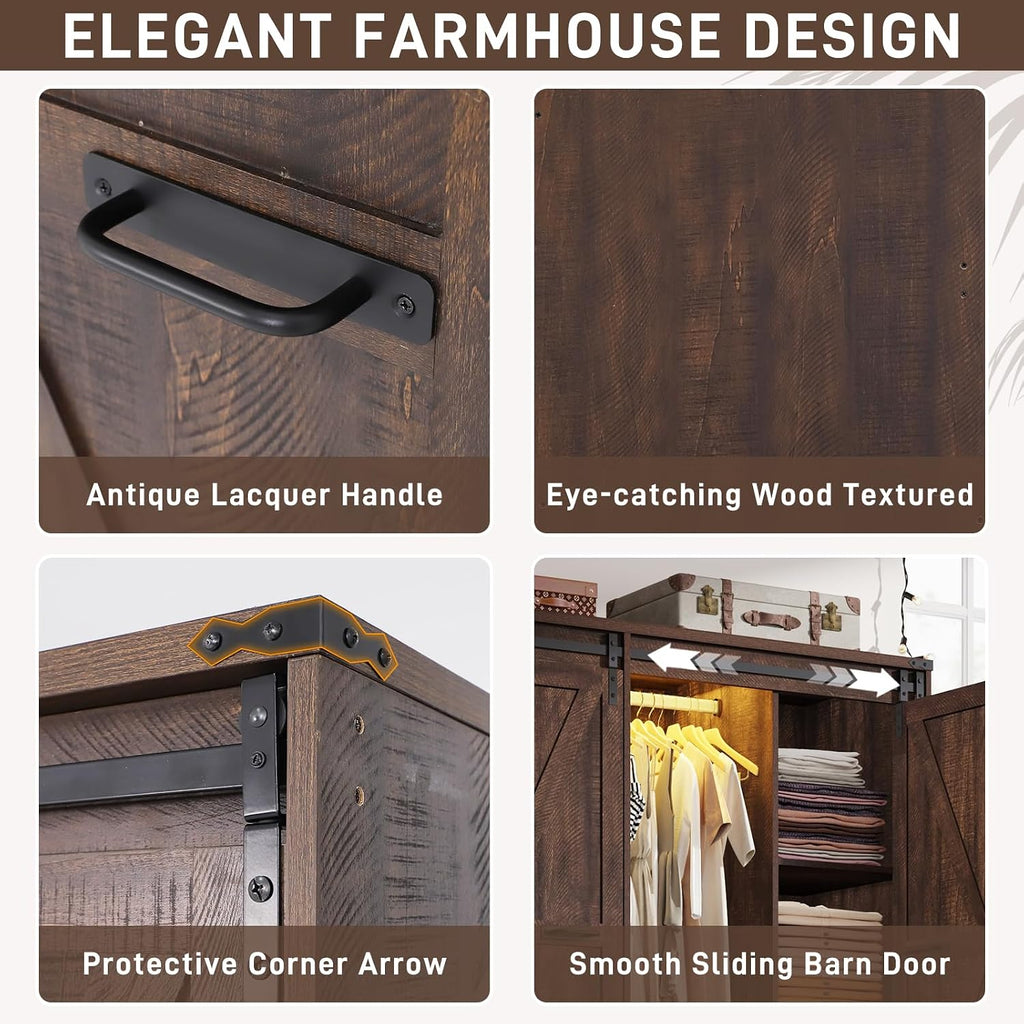 Farmhouse 4 Doors Armoire Wardrobe Closet w/Folding Sliding Barn Door and Lights, LED Armoire Closet w/Drawers