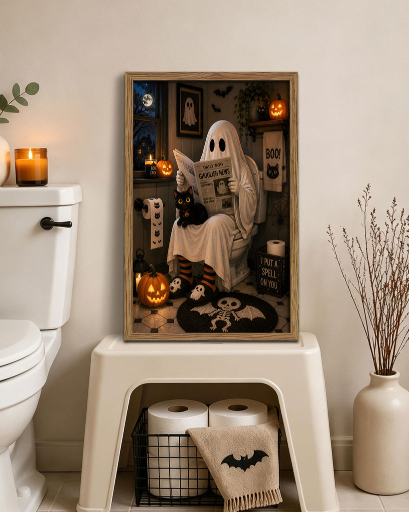 Funny Halloween Bathroom Wall Art, Ghost Black Cat Framed Canvas Print Poster, Cute Spooky Restroom Wall Decor
