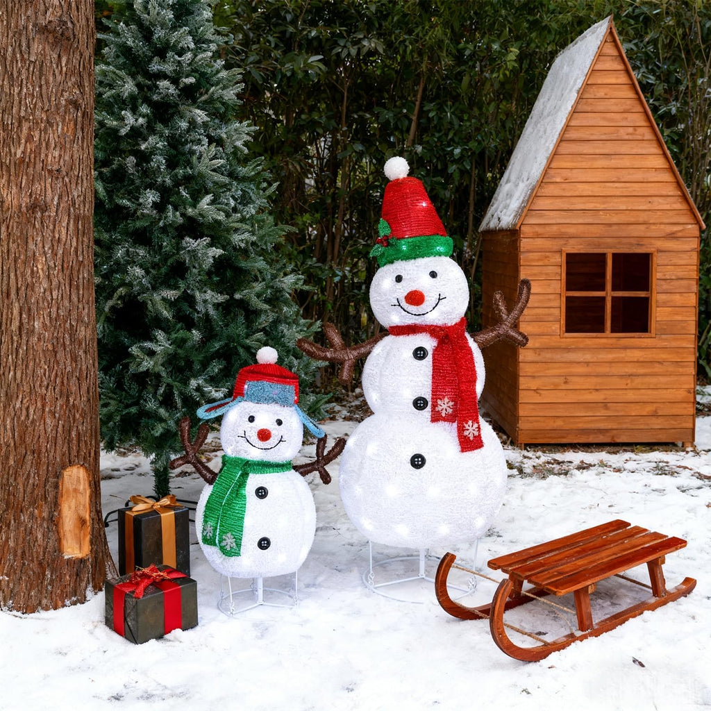 Set of 2 Lighted Christmas Snowman Decorations, 3.6+2.6FT Outdoor Pre-Lit White Snowmen with Lights, Light Up