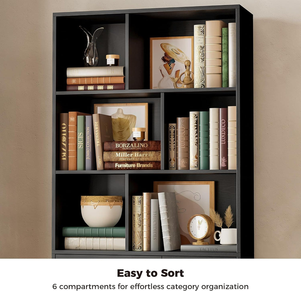 Bookshelf, 70.9 Inch Tall Bookcase, Black Book Shelf with Doors and 3 Drawers, 3-Tier Bookshelves with 6 Open Cubes