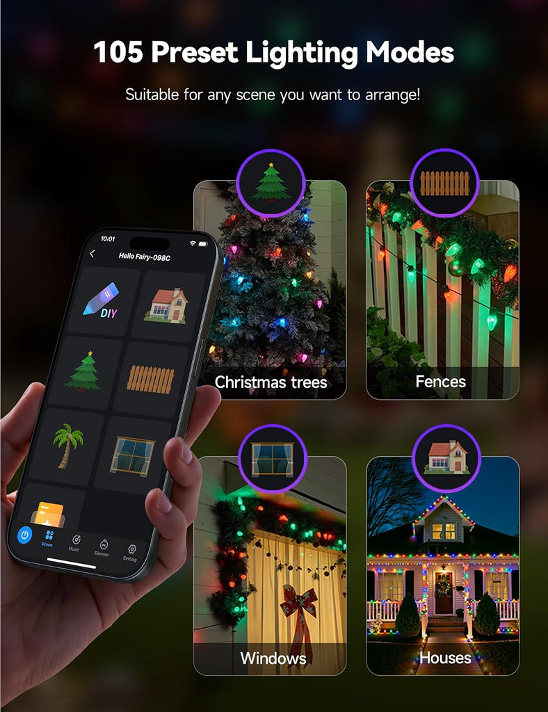 Smart C9 Christmas Lights Outdoor, 200 LED 213FT Christmas Color Changing Fairy Lights App Control, Music Sync, 105