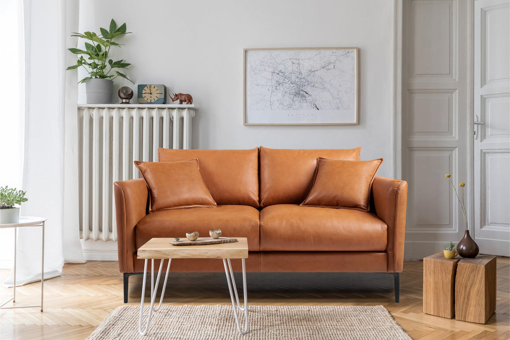 Jasper Cognac Tan Brown 60" Loveseat Full Leather Couch | Mid Century Leather Sofa with 2 Pillows Furniture | Plush