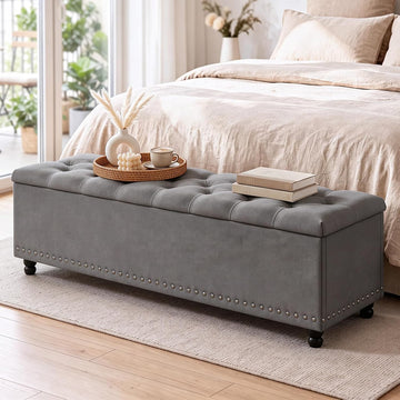 51" Storage Ottoman Bench with Wooden Legs and Soft-Close, Grey | Large End of Bed Bench with Button Tufting, Metal