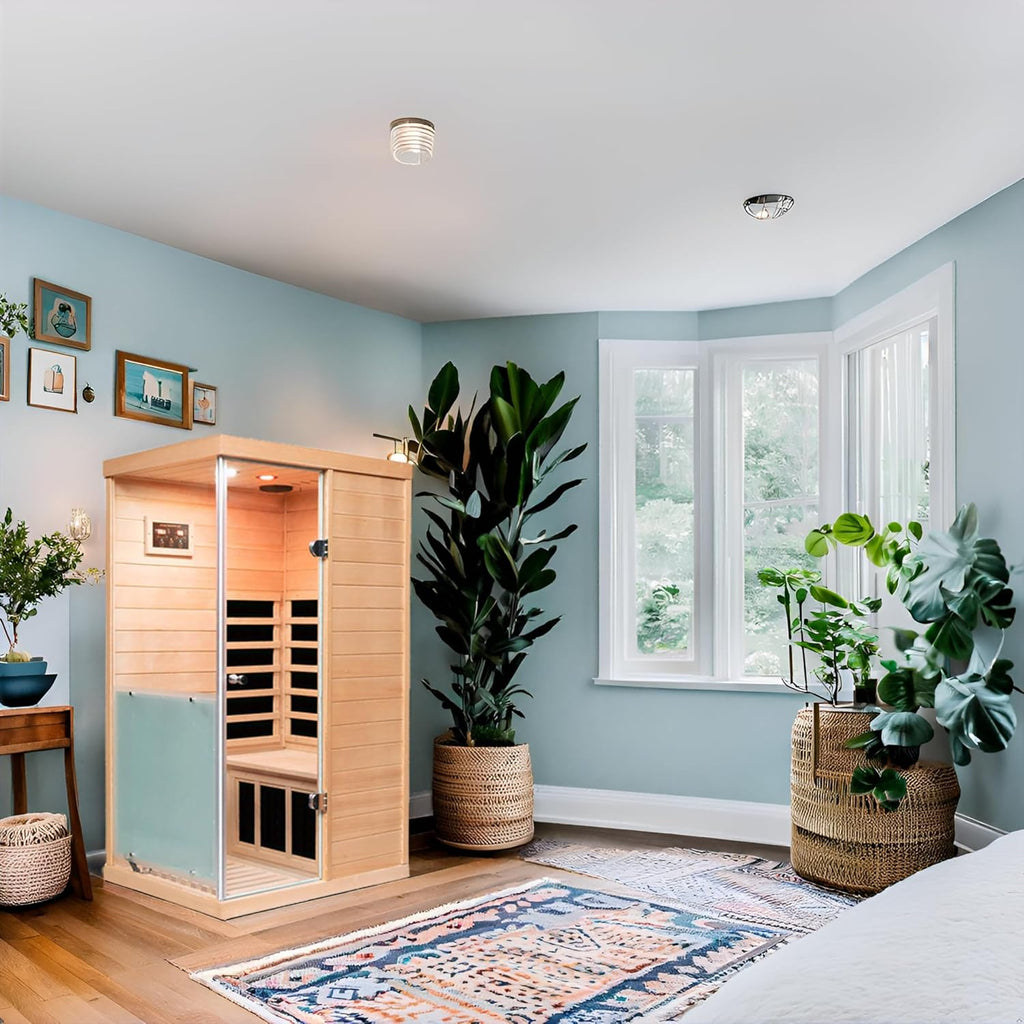 Small Sauna Far Infrared Saunas for Home 1 Person, 1060W, 6 Heating Panels, Hemlock Wooden Indoor Sauna Room with Tempered Glass, Left Door Opening, Blue-Tooth, LCD-Display Control A129-B0DSFPXQ8K