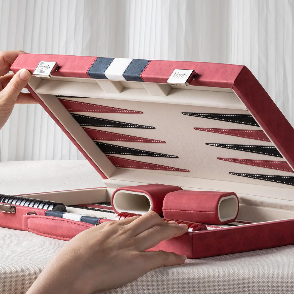 15inch Backgammon Sets for Adults, Classic Backgammon Board with Unique Checkers Dice, Faux Leather Exterior