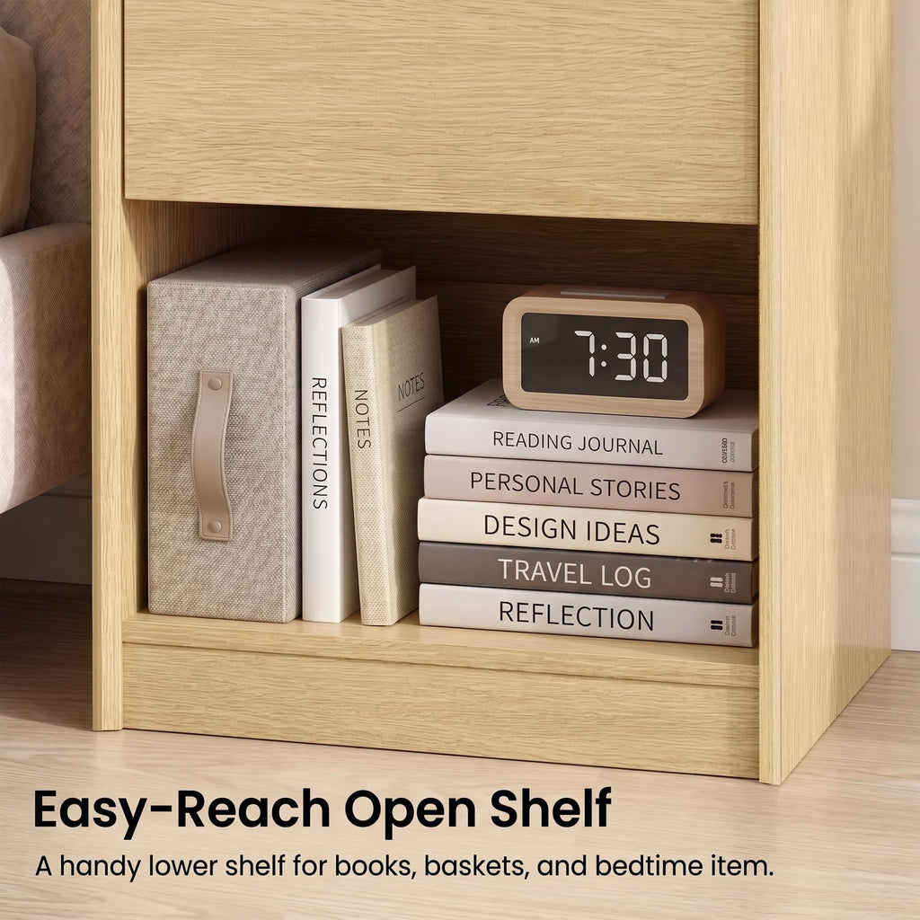 Natural Oak 24"H Nightstand, Drawer & Open Shelf Bedside Table