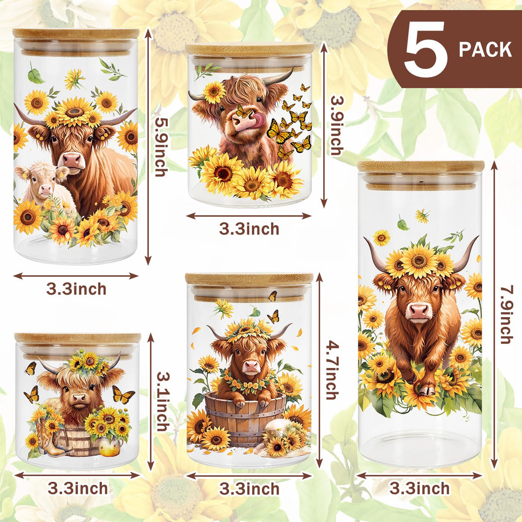 5 Pack Highland Cow Sunflower Glass Storage Jars with Airtight Lid Watercolor Cattle Floral Decorative Canisters Sets