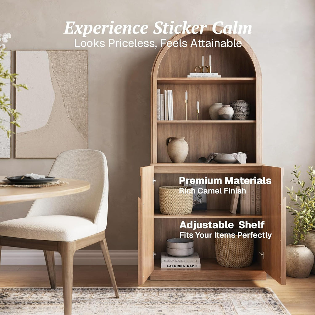 Arched Bookshelf with Storage, 71" Tall Wood Curio Display Cabinet with Adjustable Shelf, 5 Tier Modern Bookcase