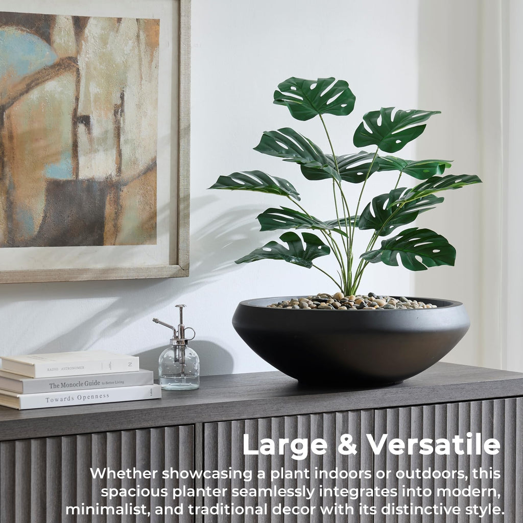 19" Dia Black Concrete Bowl Planter, Large Succulent Pot with Drain Hole