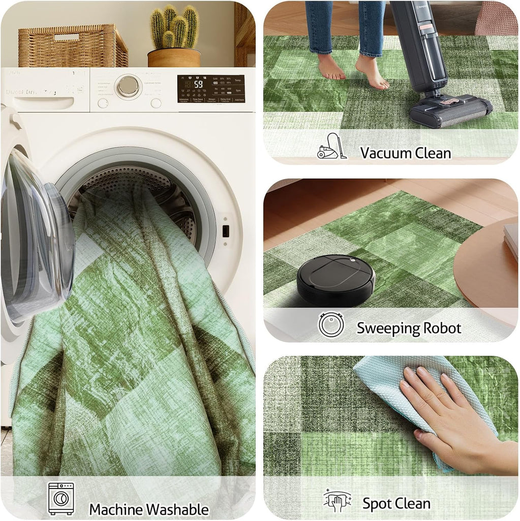 5×7 Washable Modern Area Rugs,Checkered Abstract Neutral Non-Slip High Traffic Large Carpet and Farmhouse,Spring Green