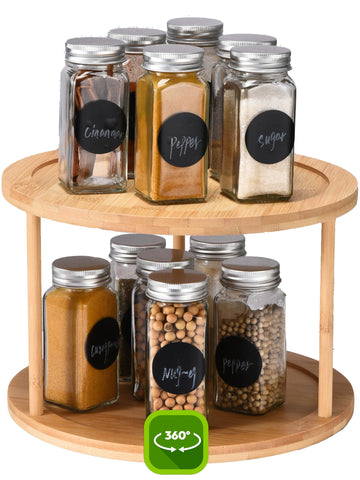 Bamboo Turntable Lazy Susan Rotating Spice Rack (10" Inches) - 2 Tier Spice Rack Organizer Cabinets, Pantry Storage