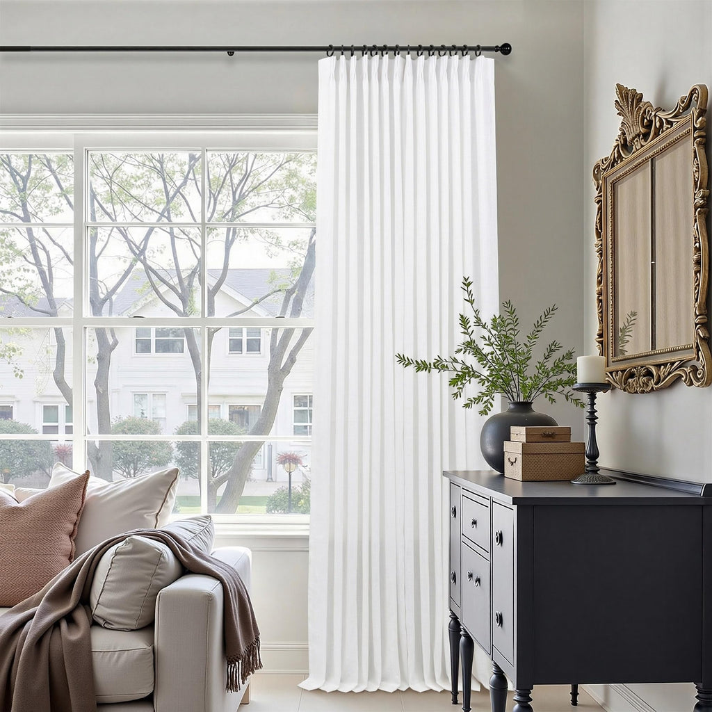 White Cafe Curtains 48 Inch Length for Windows Set 2 Panel Pinch Pleated Back Tab Short Thick Sheer Linen White
