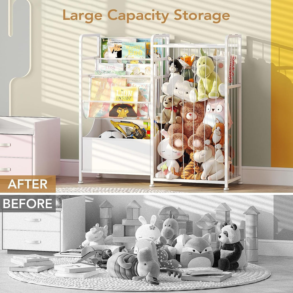 Kids Bookshelf and Stuffed Animal Storage - Multi-Function Nursery Book Shelves with Leather Toy Box and PVC Book