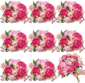 Bundles Artificial Peony Centerpiece Flowers,Pink Series - Set of 8