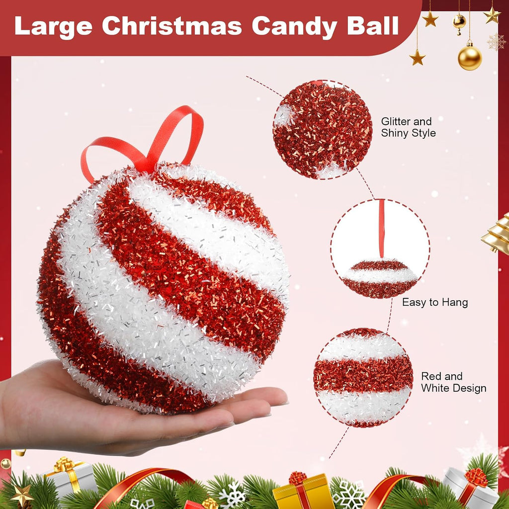 6 Pcs Jumbo 6 Inch Christmas Ball Ornaments Tinsel Balls, Candy