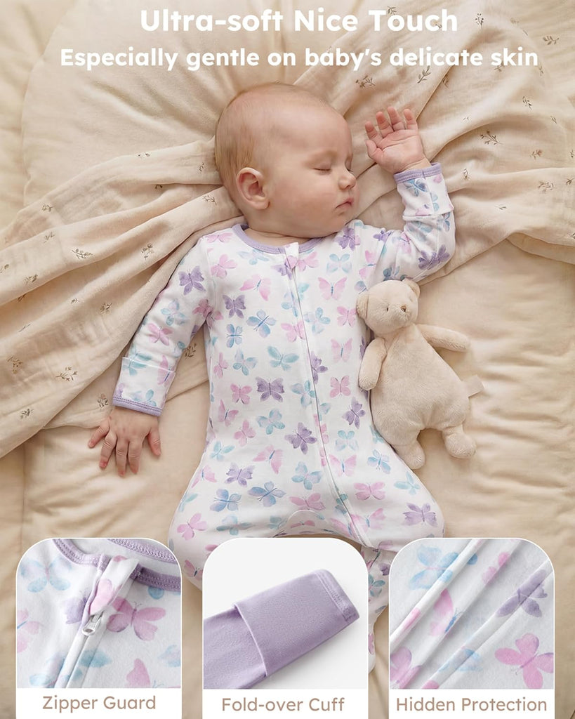 Girl Sleepers 100% Cotton Footie Pajamas 0-3 3-6 with Way Zipper, 2pcs PJs Baby Girl Clothes