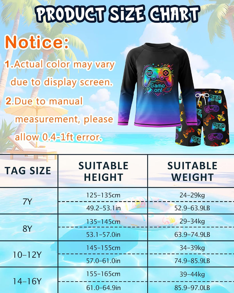 Boys Two Piece Rash Guard Swim Set Kids Long Sleeve Swimsuits with Swim Trunks Quick Dry Bathing Suit