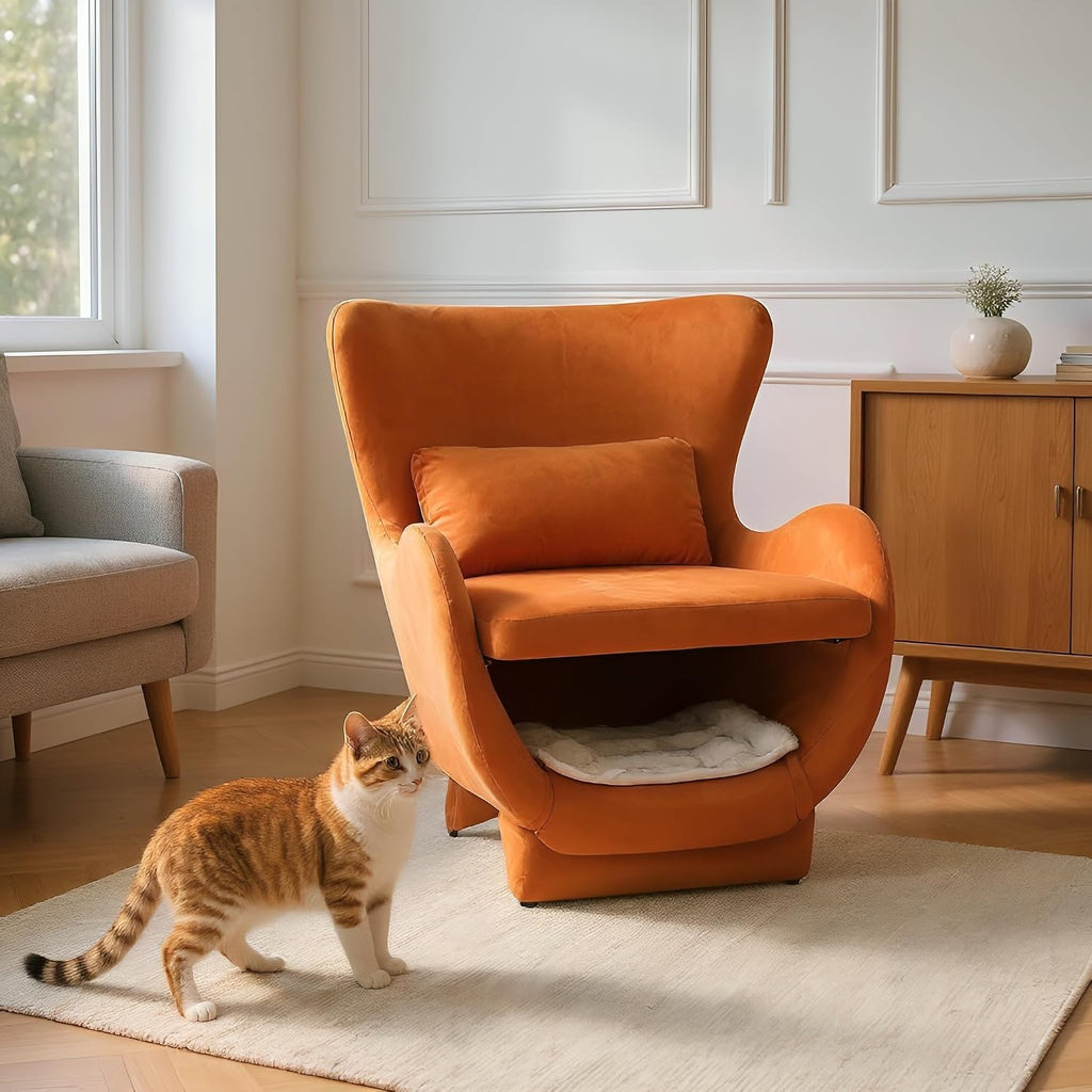 Mid Century Modern Velvet Accent Chair with Cat House, Upholstered Lounge Chair, Pet Friendly Chair, Single Reading