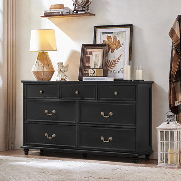Farmhouse 54" 7 Drawers, Wide Chest of Drawers w/ 4 Wooden Legs, Vintage Large Closet Storage Dressers Organizer