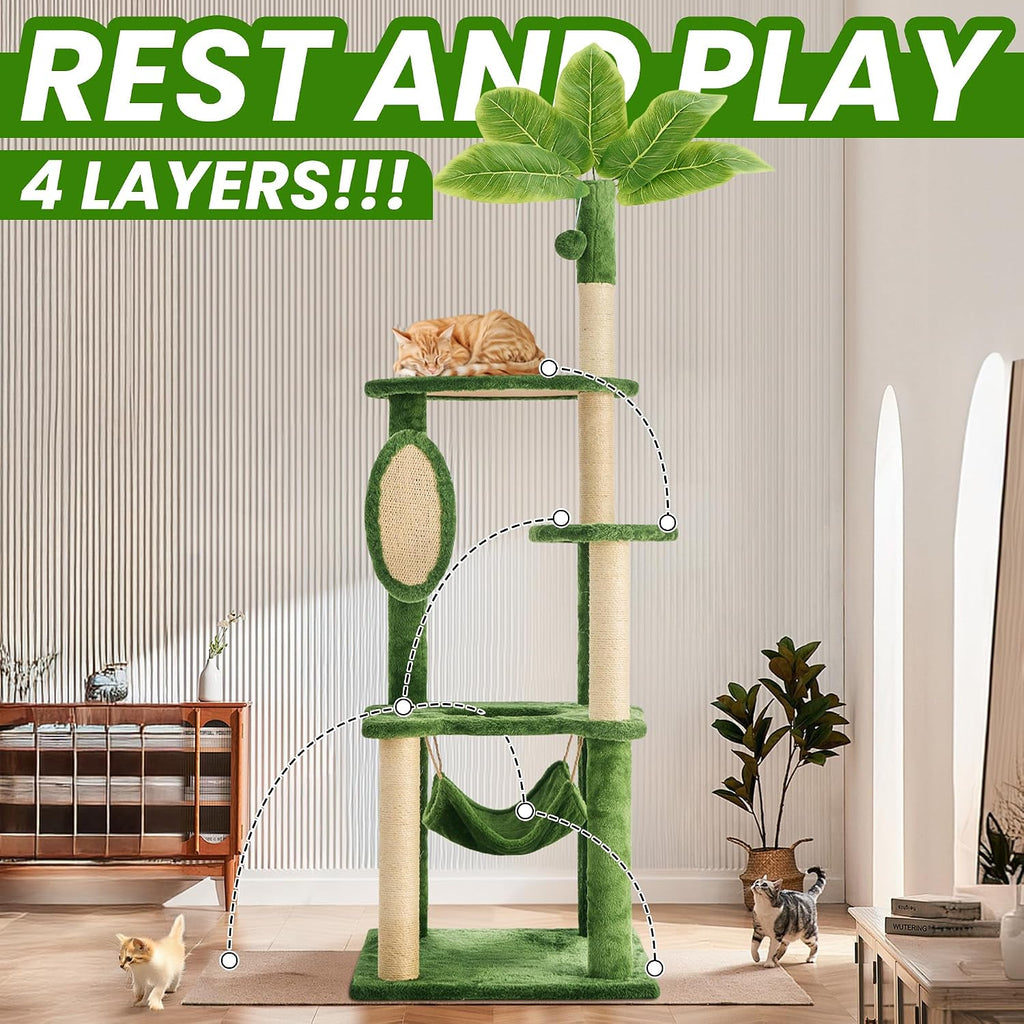 55 Inch Large Cat Tree Tower for Indoor Cats with Hammock Green Leaves Sisal Scratching Post, Plush Hang Ball Play