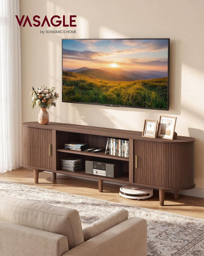 TV Stand for 80-Inch TVs, Mid Century Entertainment Center with Storage, Fluted Sliding Doors, Media Console Table