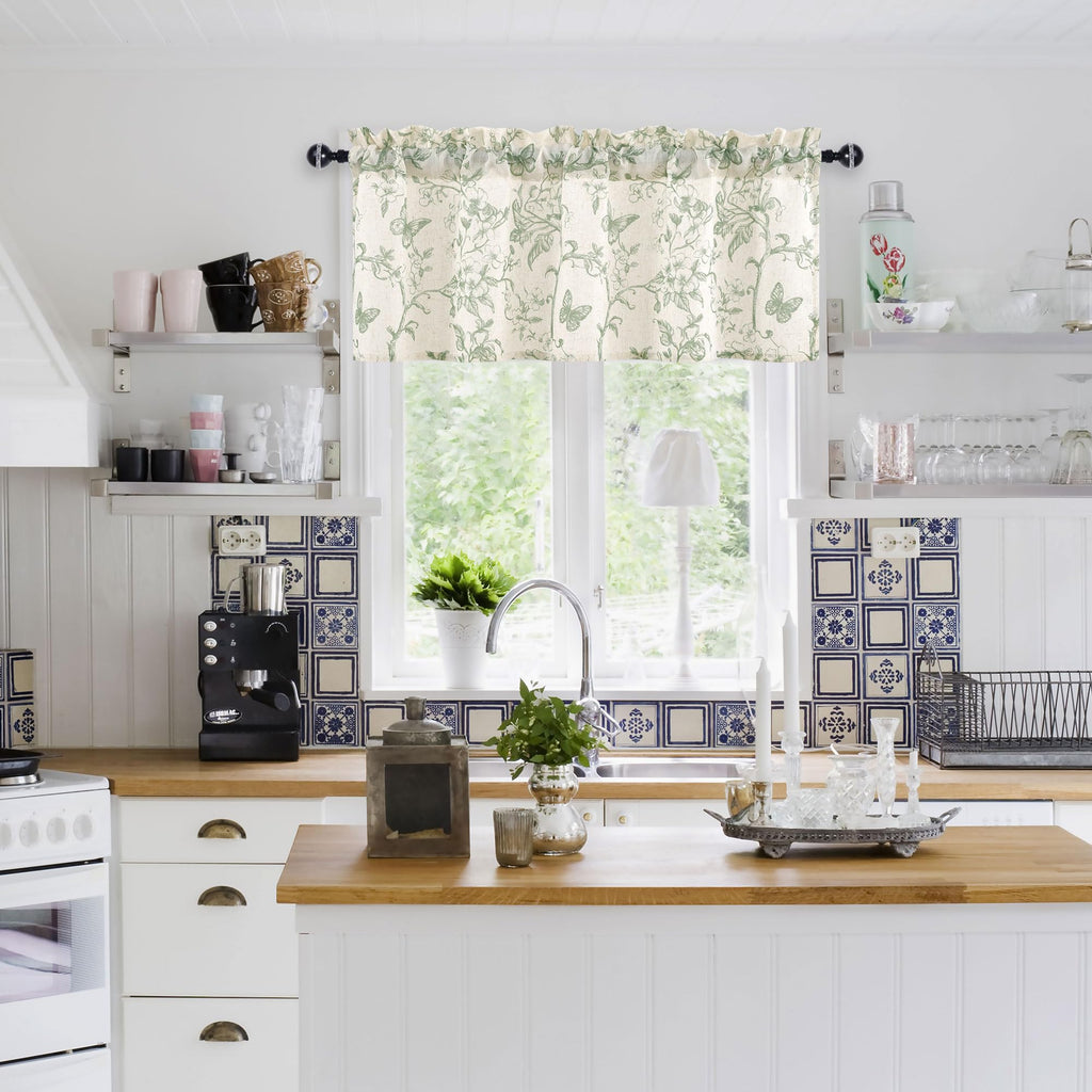 Linen Kitchen Valance, Floral Print Curtain for Small Window, Light Filtering Drapes for Farmhouse Window Decor, Rod