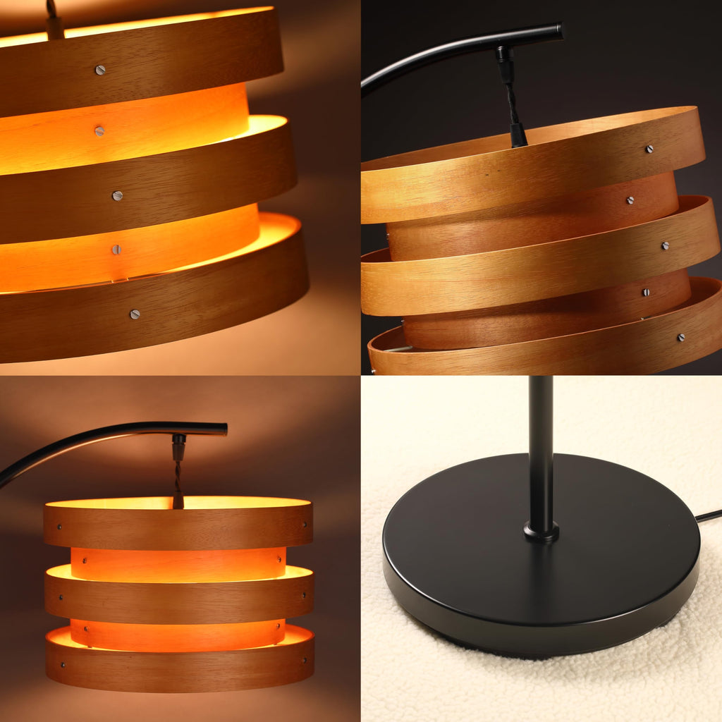 Strata Wooden Floor Lamp - Mid Century Modern Standing Lamp with Layered Wood Shade, Tall Reading Lamp, Black, Light