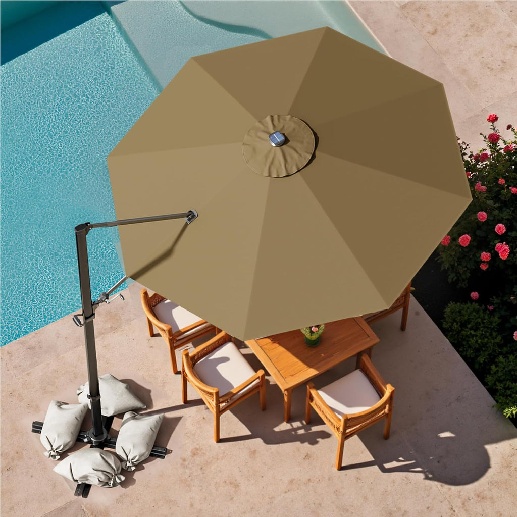 10ft Solar LED Patio Umbrella, Round Cantilever Outdoor Umbrella with Solar Lights and 360-Degree Rotation