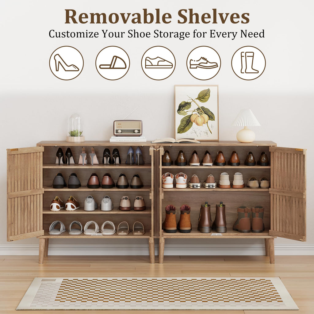 Freestanding Shoe Storage Cabinet with Fluted Slatted Doors, Wooden Hidden Shoe Organizer, Closed Shoe Rack Foyer