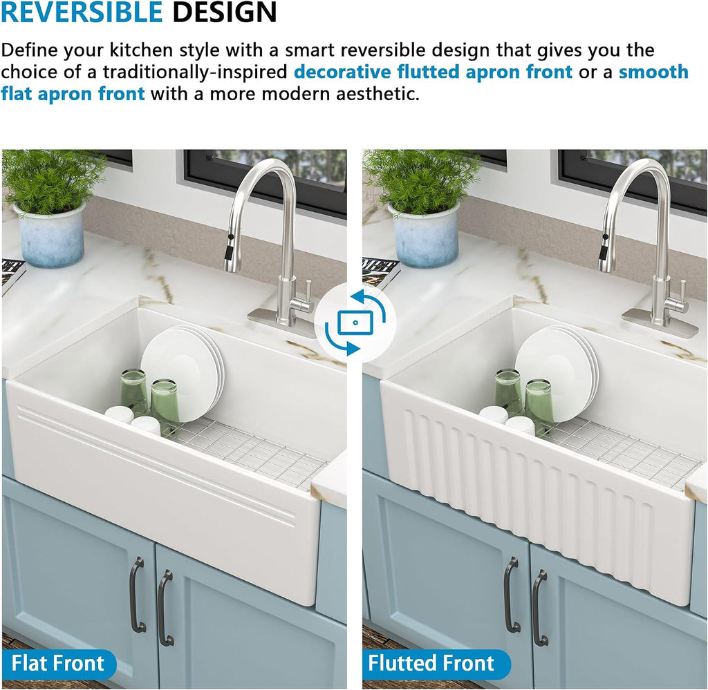 30"x18" White Farmhouse Sink - Reversible Apron Front, High-Gloss Fireclay Porcelain Ceramic Farm Kitchen Sink