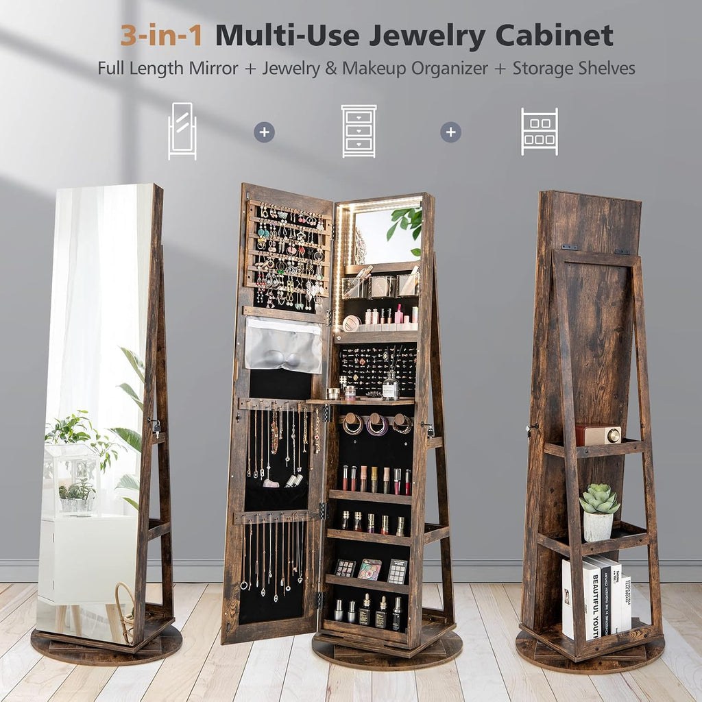 360° Swivel Jewelry Armoire with Full Length Mirror, Rear Storage Shelves, Lockable Standing Jewelry Cabinet