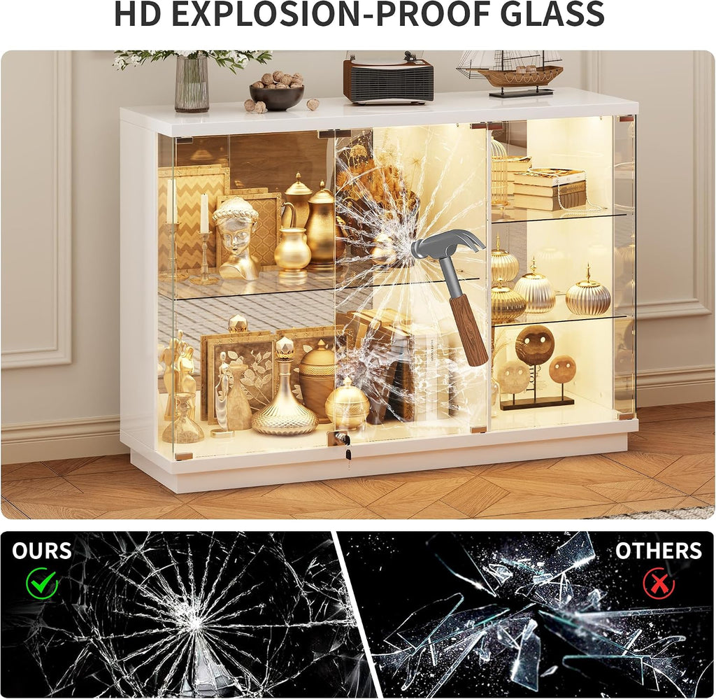 Lockable Display Cabinet with Glass Doors and LED Lights,White | 47.2" W Lighted Glass Display Cabinet with Glass