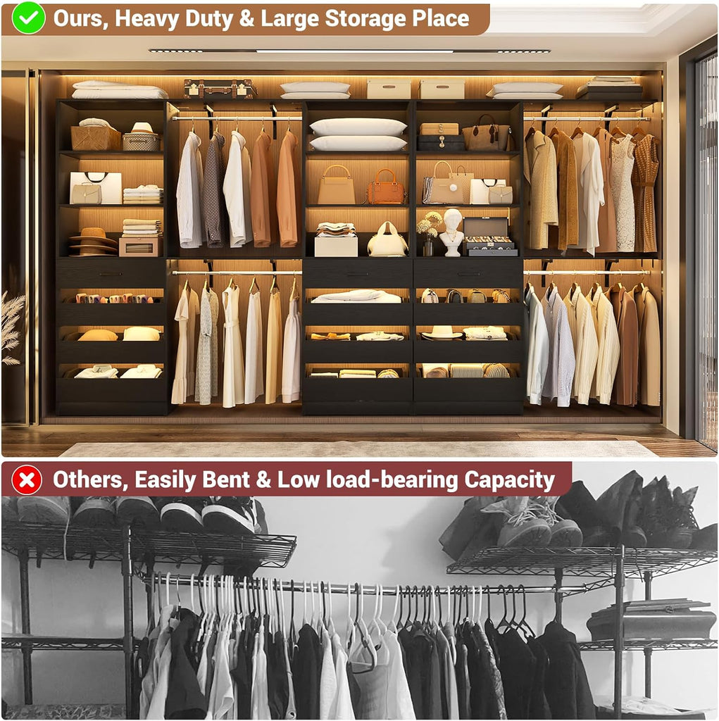 Closet System with 12 Drawers, 138.5" Wood Closet Organizer System with 4 Hanging Rods & Top Shelves, 6.7+4.85Ft L