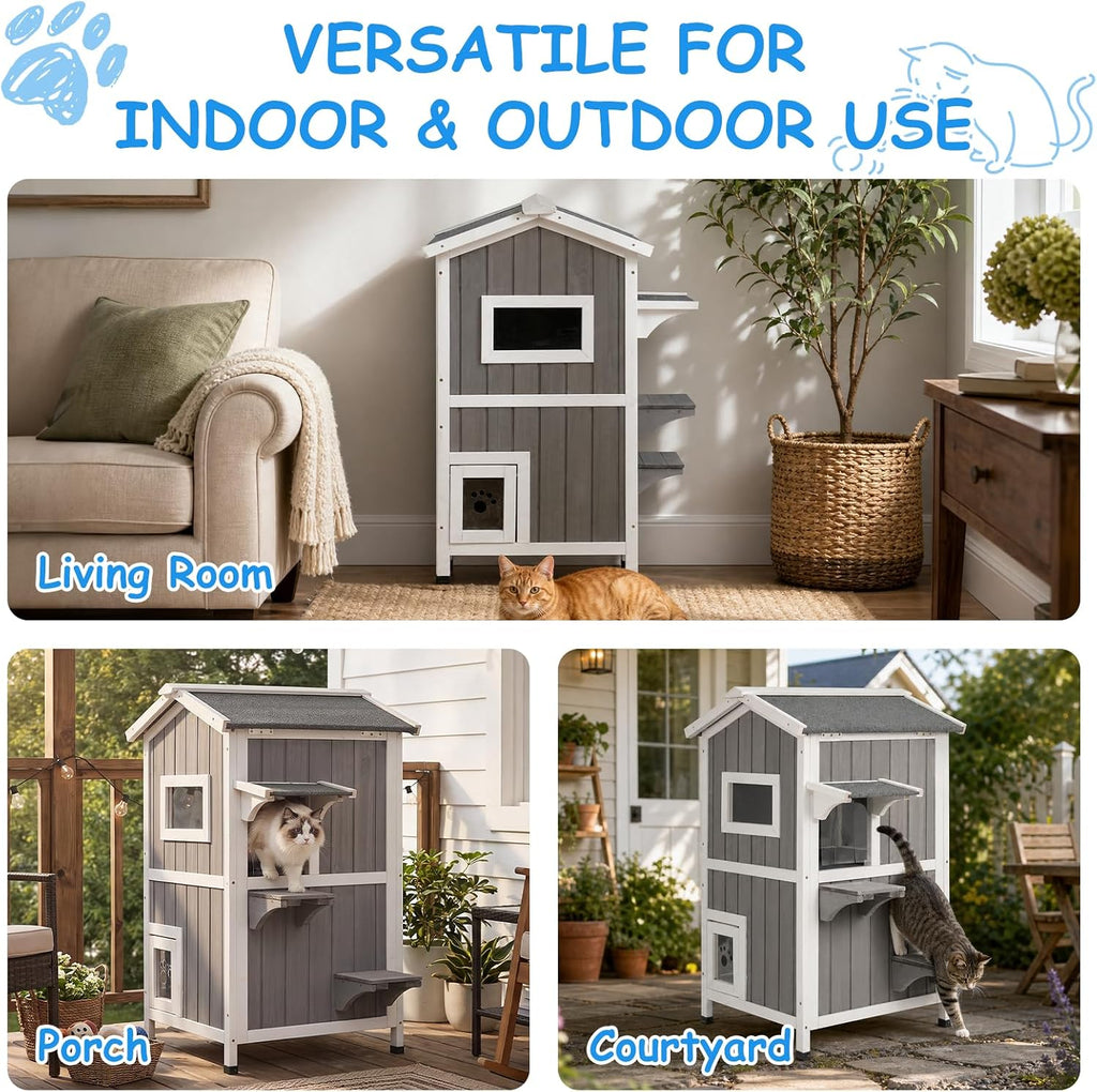 Insulated 2-Story Outdoor Cat House Weatherproof Shelter, Grey