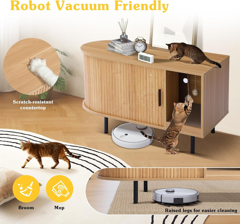 Cat Litter Box Furniture Enclosure with Scratch Pad, Hidden Fluted Cabinet with Sliding Door, Multi-Functional Modern