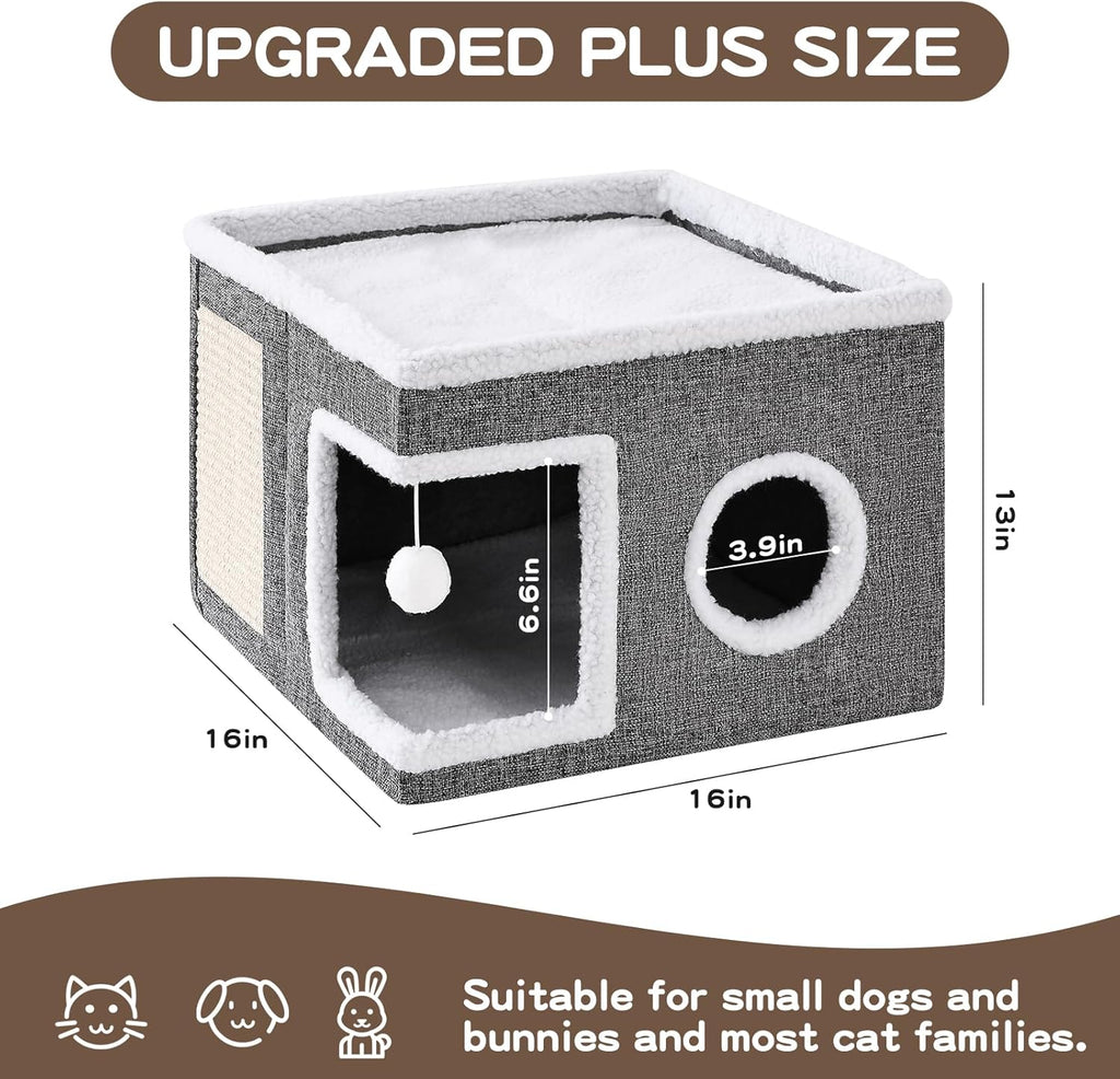 Large Cat Houses for Indoor Cats with Fluffy Ball and Scratch Pad