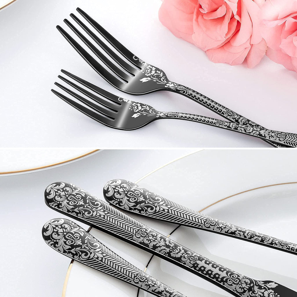 Floral Damask Rose 20-Piece Black Cutlery Set, Service for 4