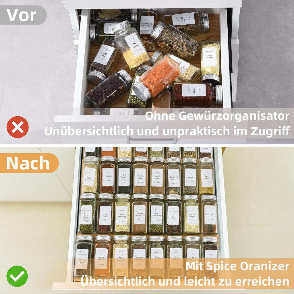 Spice Drawer Organzier,4 Tiers Bamboo Spice Rack Tray Insert for Cabinet Drawer Countertop, Kitchen Seasoning Storage