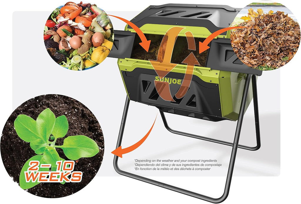Tumbling Composter Bin with 360 Dual Chamber, 42 Gal, SJ-CMPS1 | 2-10 Week Compost, Rotating Tumbler Waste Management