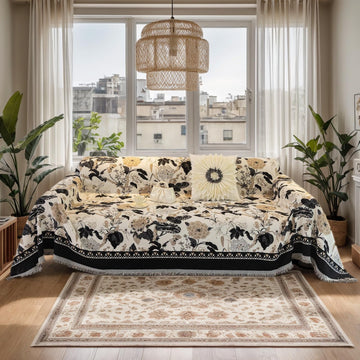 Beige Black Farmhouse Couch Cover Floral Jacquard Vintage Sofa Covers for 2 Cushion Couch Chenille French Couch Cover