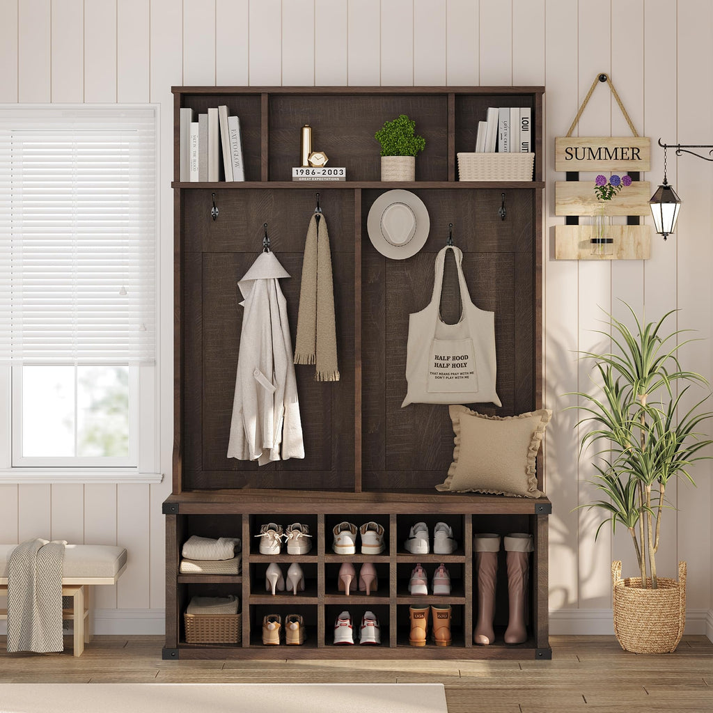 51.2" Hall Tree with Bench and Shoe Storage, Rustic Brown