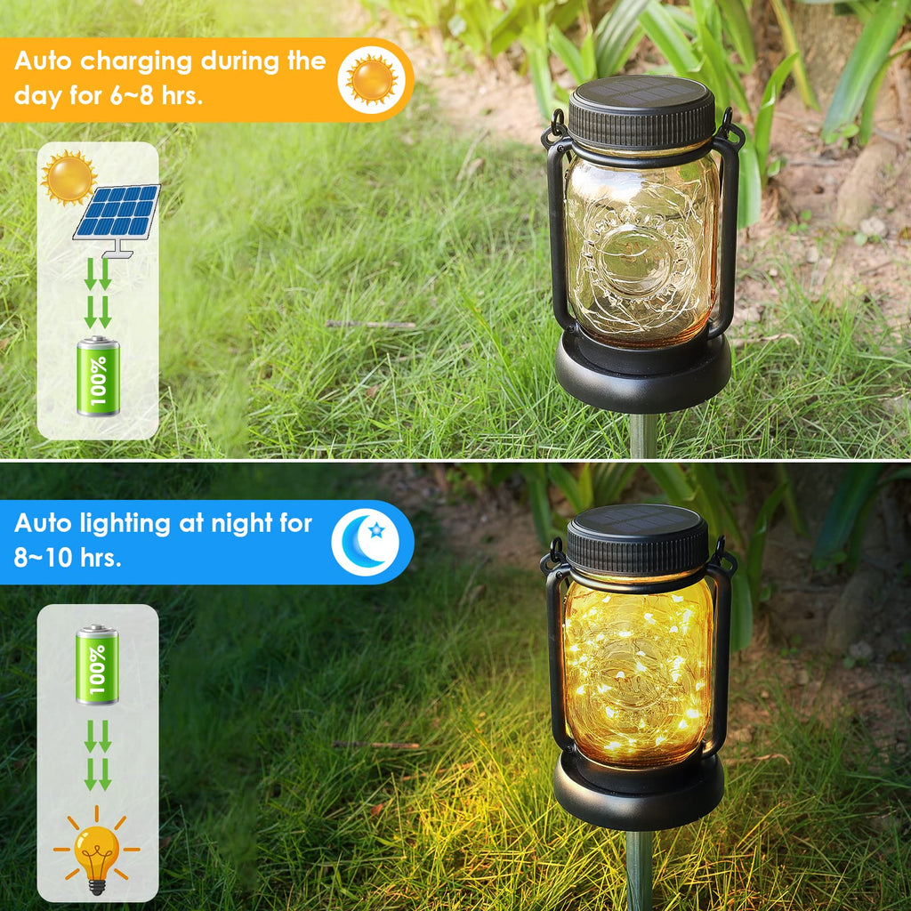 4 Pack Solar Mason Jar Hanging Lantern with Stakes, Warm White