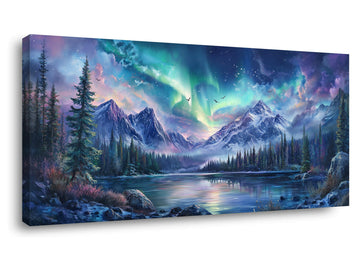 A Borealis Canvas Wall Art Northern Lights Wall Printing Farmhouse Abstract Snow Mountain Tree Forest Scenery Canvas