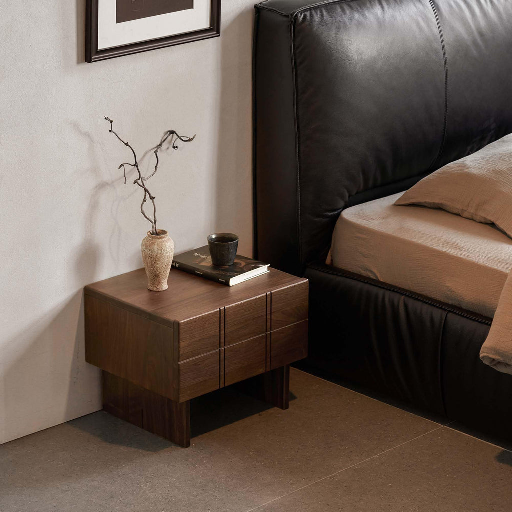 Solid Walnut Nightstand with Drawers, Mid Century Modern Nightstands, Low Profile Night Stand for Low Bed, Fluted