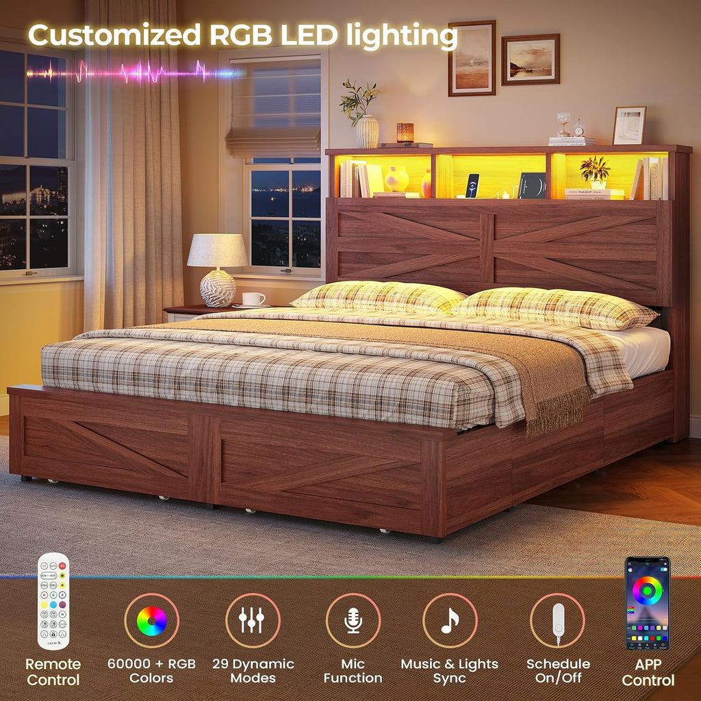 Full Bed Frame with 6 Drawers, Farmhouse Bed Frame with Barn Door Headboard and Storage, Wood Platform Bed Frame Full