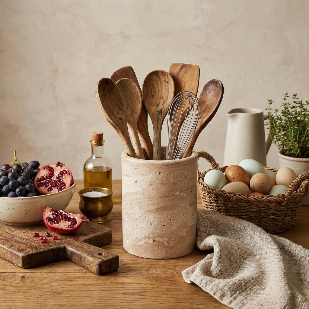 Natural Travertine Utensil Holder Countertop - Heavy & Stable Real Stone Utensil Crock, Large Spoon & Spatula